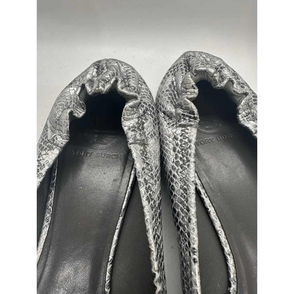 Tory Burch Reva Ballet Flats Silver Metallic Snake Embossed Leather Size 10M